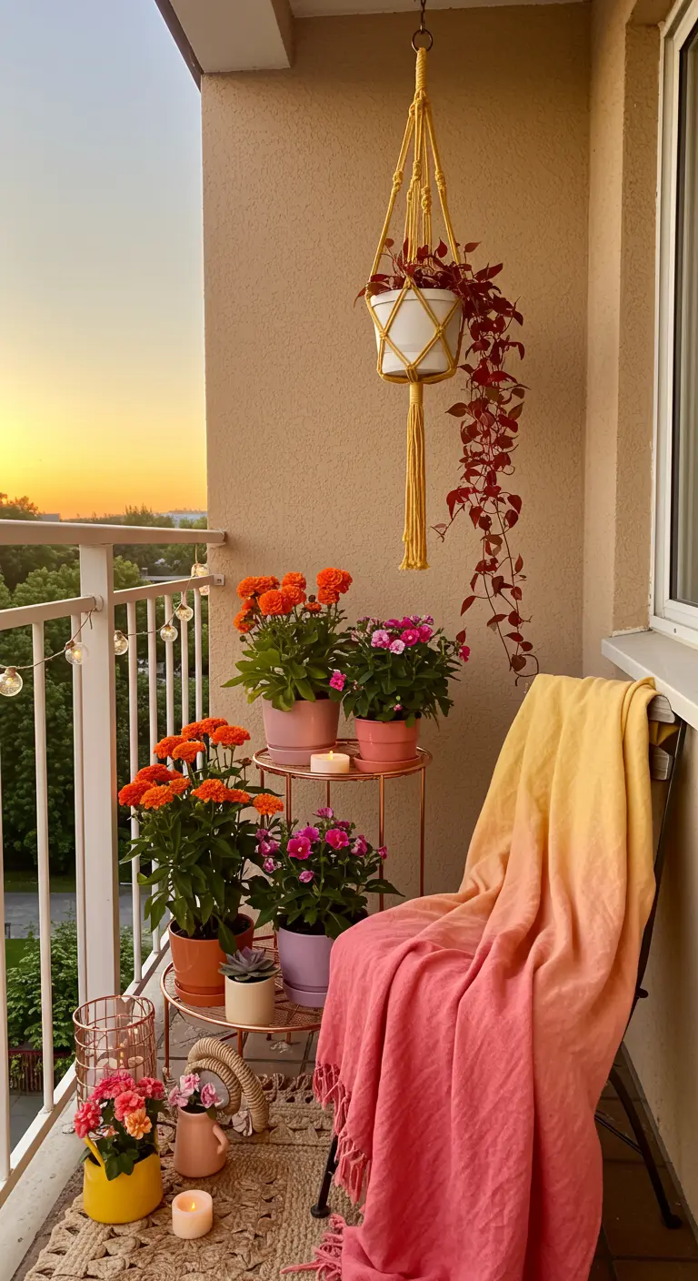Balcony corner with sunset-colored flowers and an ombre throw blanket.