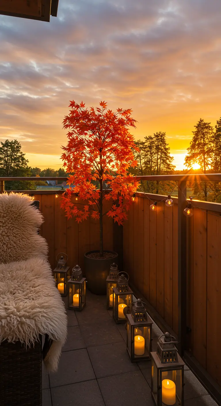 A balcony at sunset with a brilliant orange Japanese Maple, lanterns, and sheepskin throws.