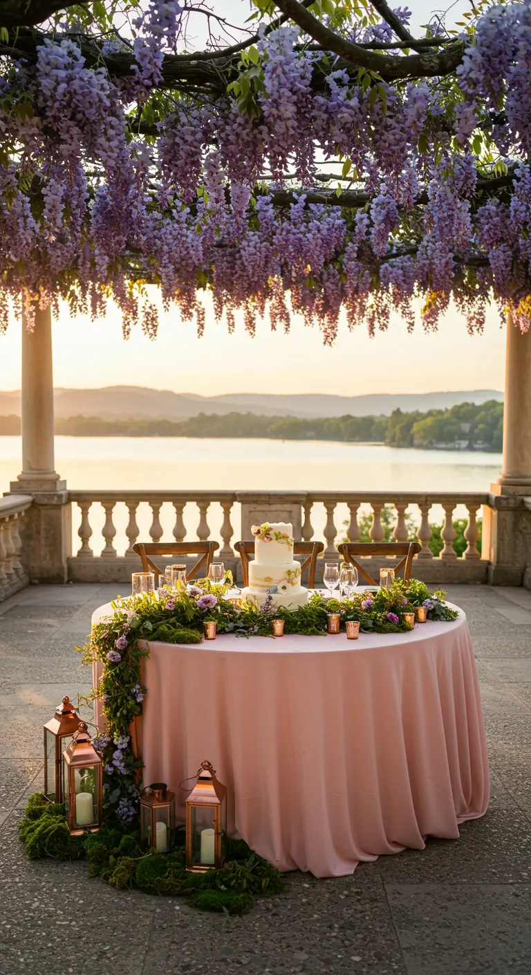 Cake table with pink linen and a moss garland, set against a sunset over a lake.