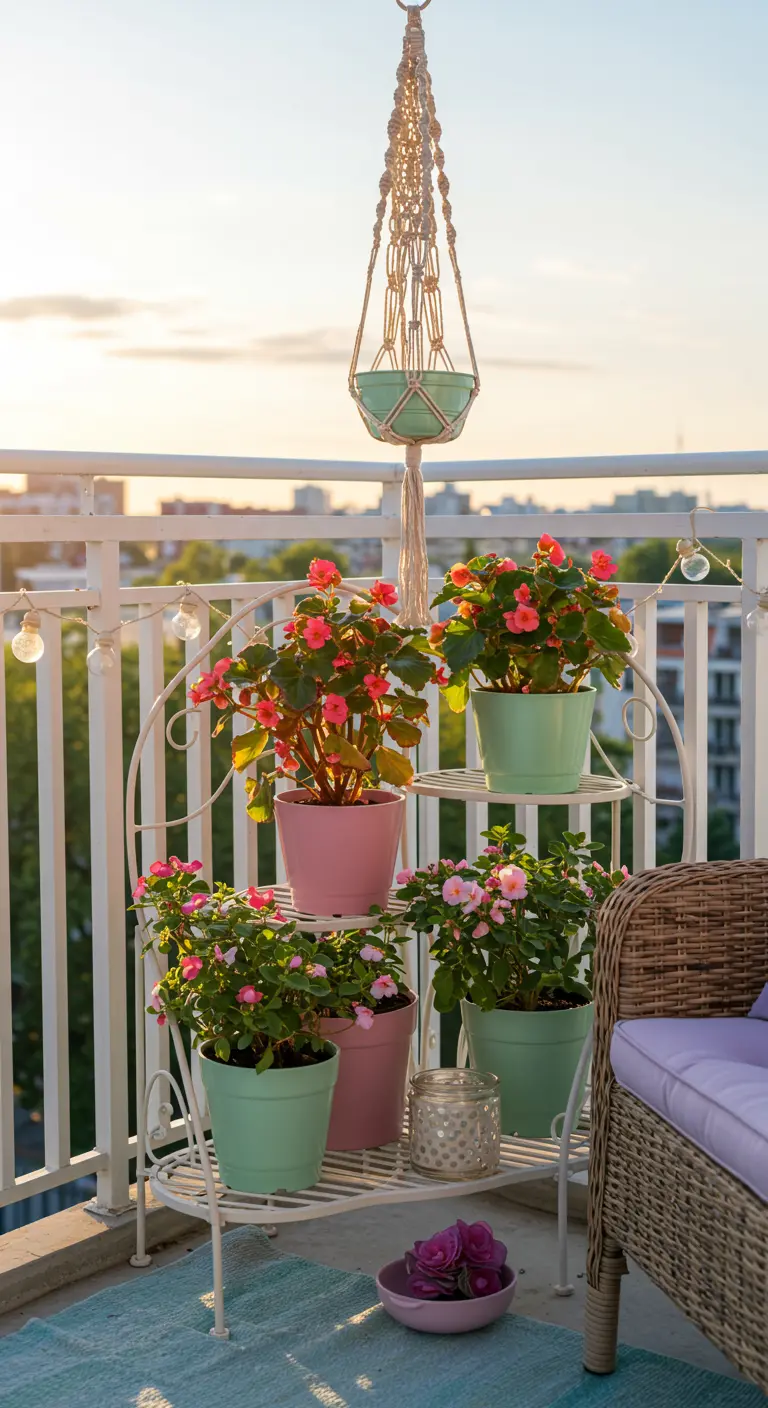 White tiered plant stand with pink and mint pots on a balcony at sunset.
