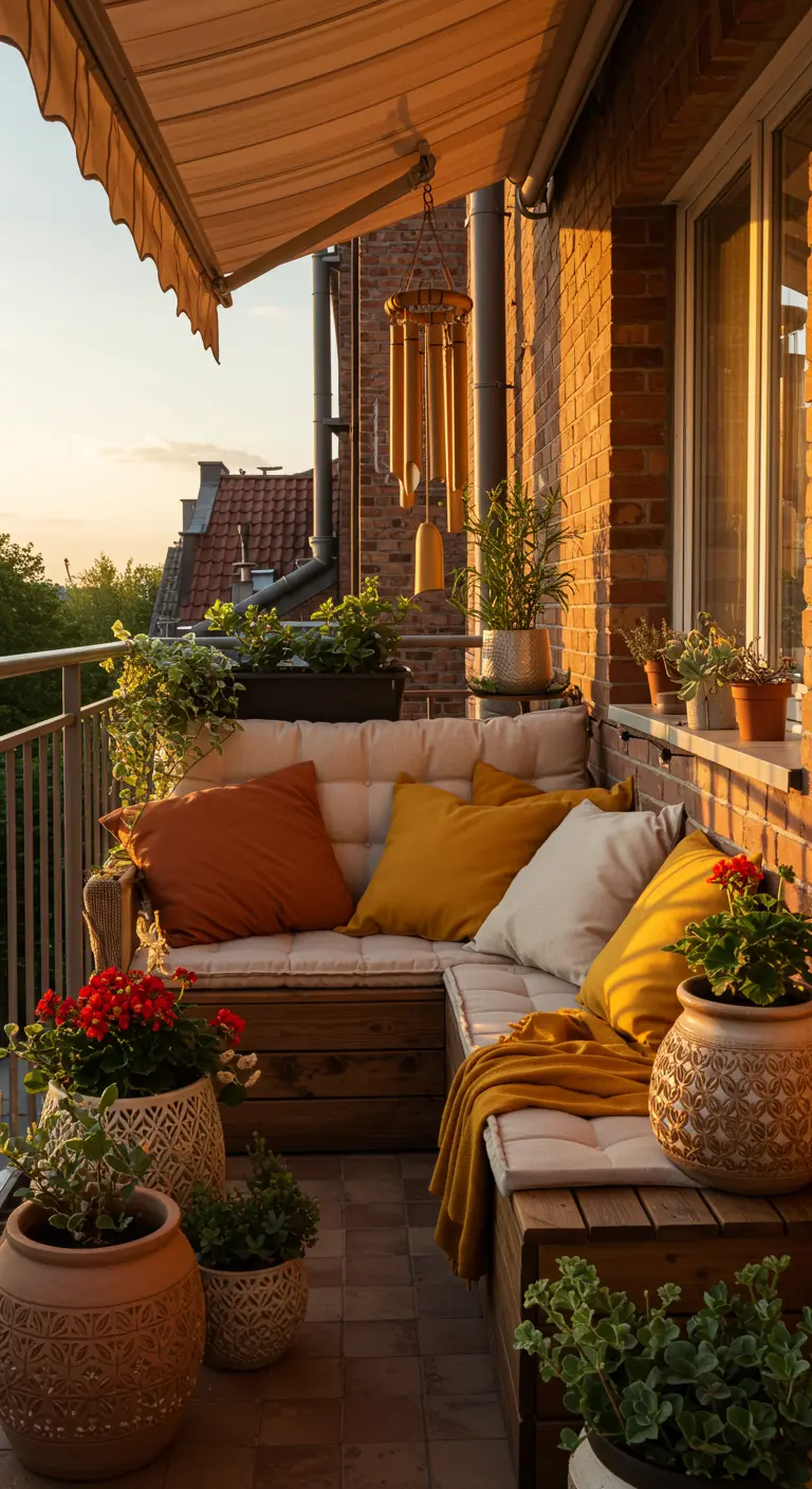 A cozy balcony with a wooden bench, warm-colored pillows, and terracotta pots in the golden hour.