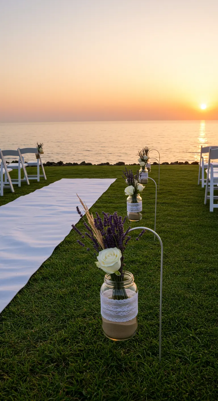 Mason jars with lavender and roses lining a beach aisle at sunset.