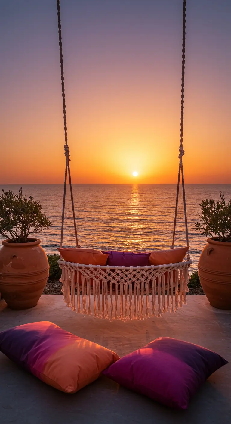 Fringed swing with vibrant pillows facing a dramatic ocean sunset.