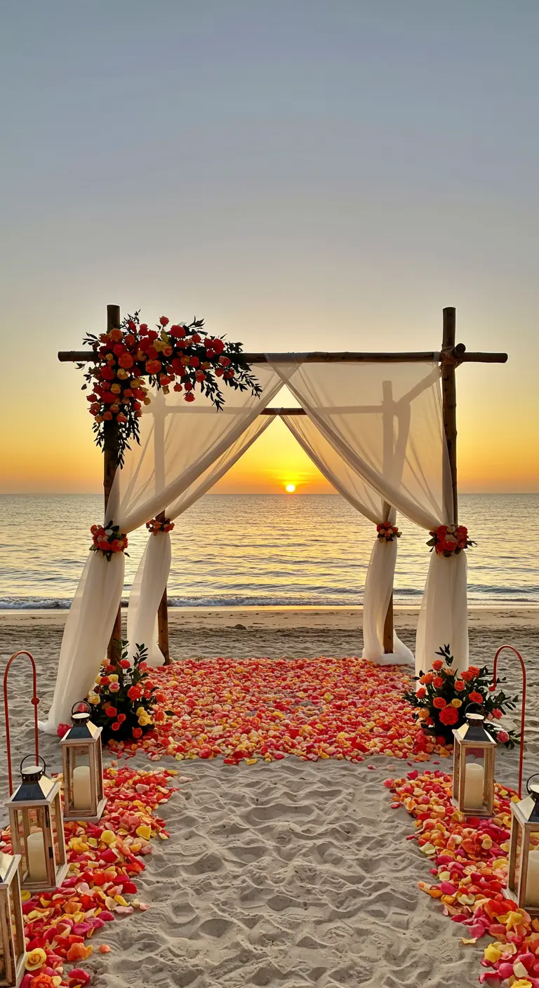 Bamboo wedding arch on a beach at sunset with orange and yellow rose petals.