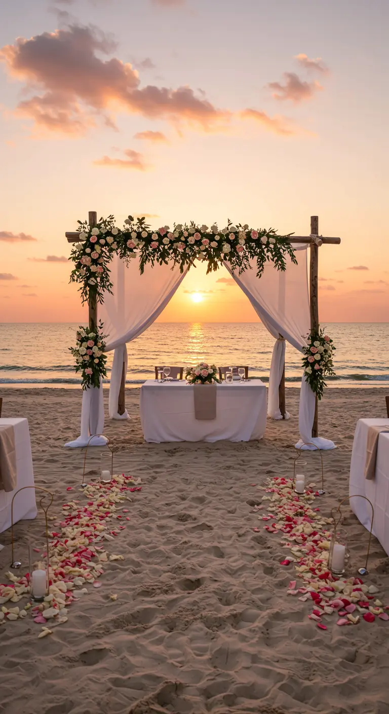 Beach wedding sweetheart table at sunset with a simple draped arch and blush roses.