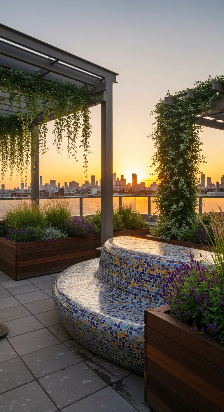Curved mosaic bench on a city rooftop at sunset with lush planters.
