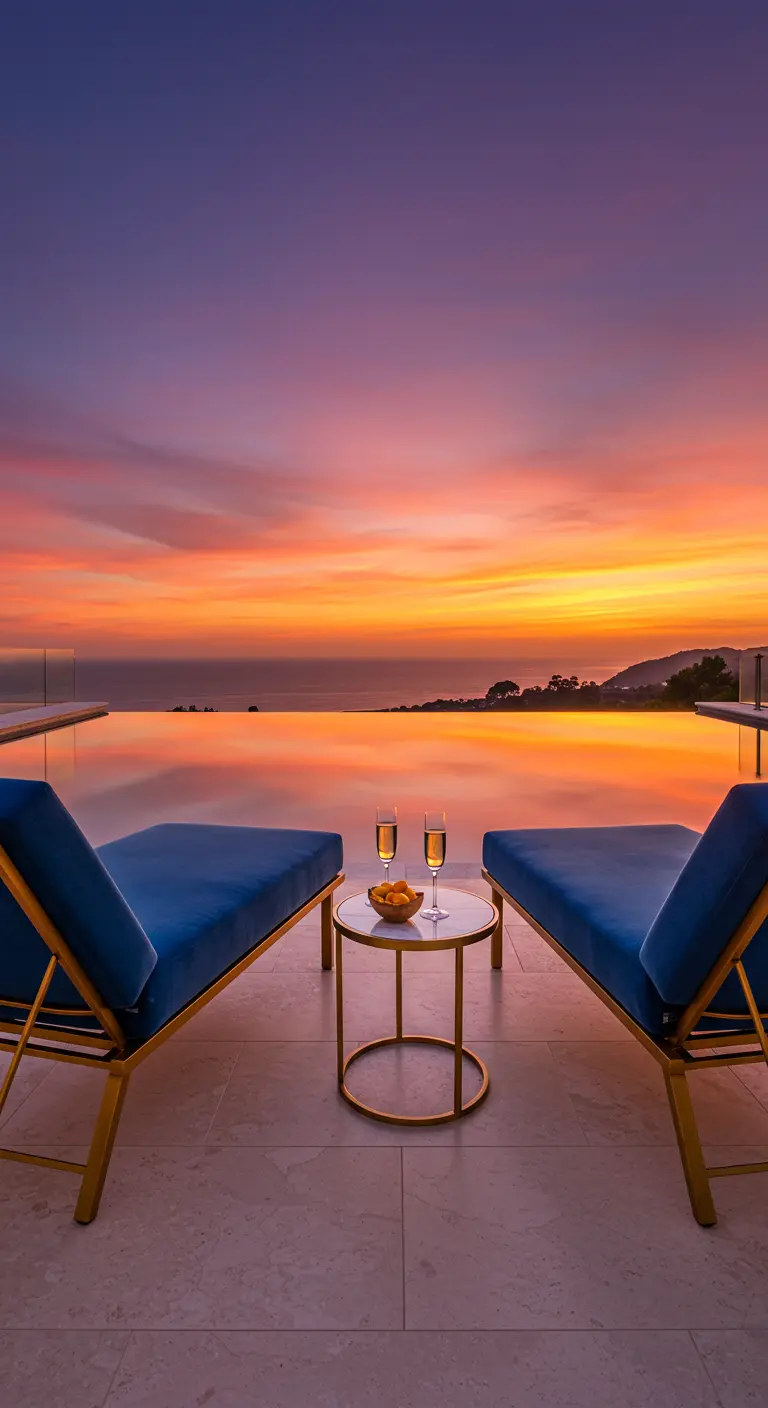 Two blue velvet chaises with gold frames facing an infinity pool at sunset.