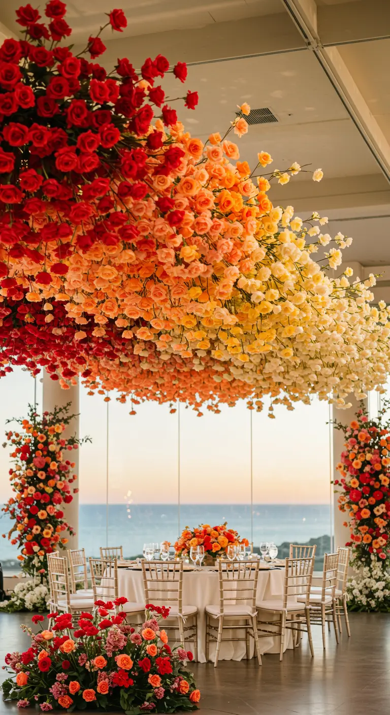A massive ceiling installation of roses in an ombré pattern from red to orange to yellow.