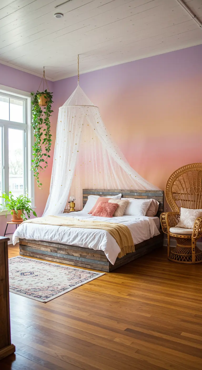 Bedroom with purple and orange ombre wall, wood bed, and sheer canopy.
