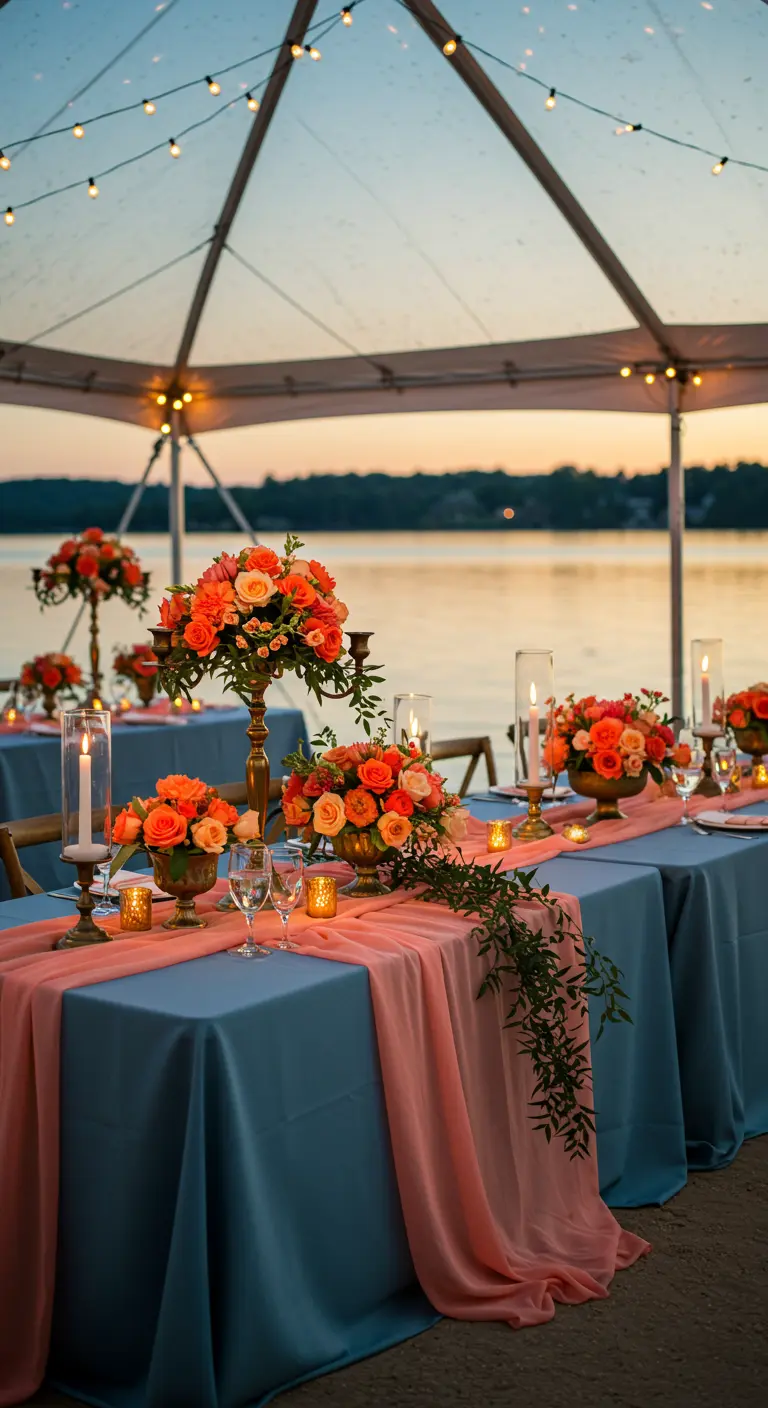 Lakeside wedding table with blue linens, a coral runner, and floral arrangements.
