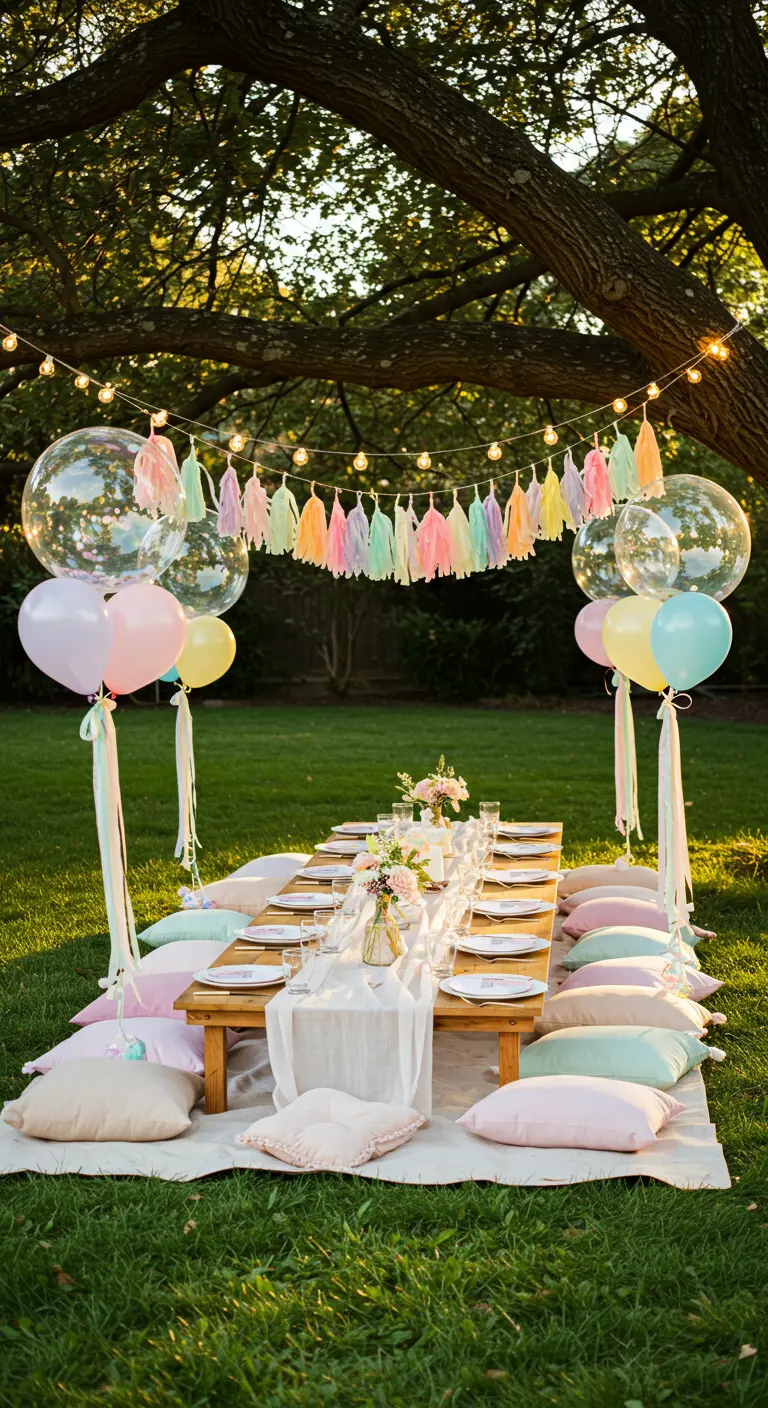 Outdoor garden picnic with a low table, pastel cushions, and a pastel tassel garland between trees.