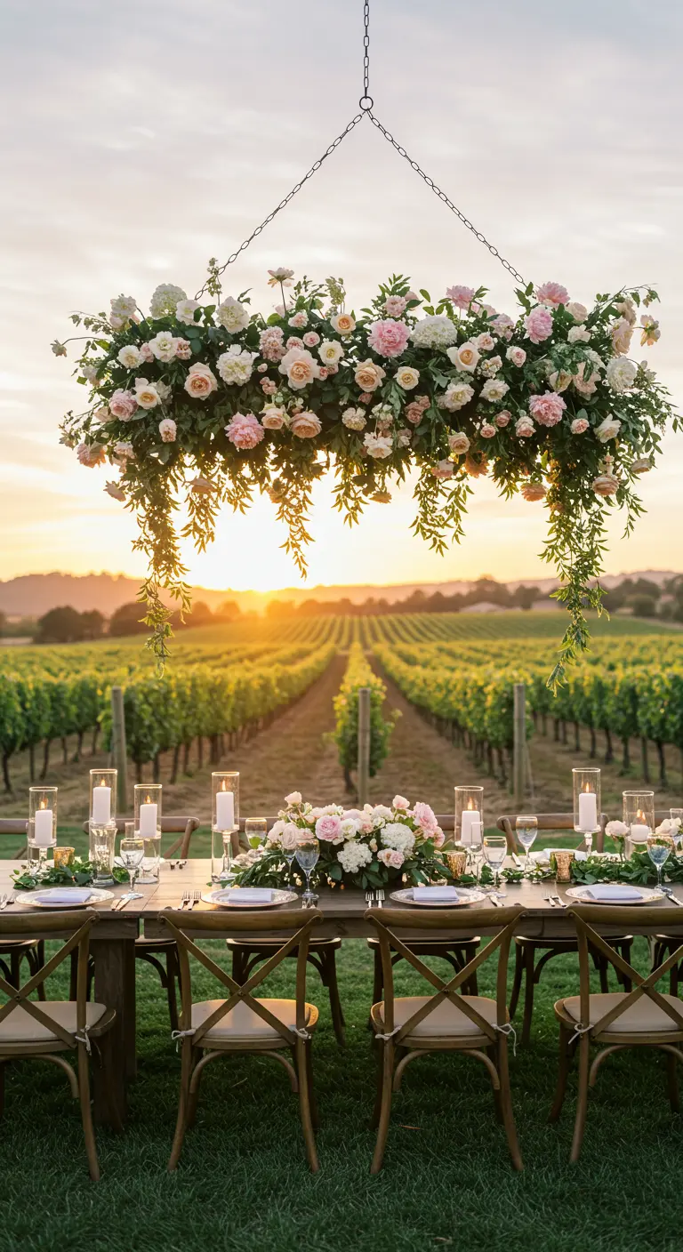 Rectangular floral chandelier with pink and white roses over a dining table in a vineyard.
