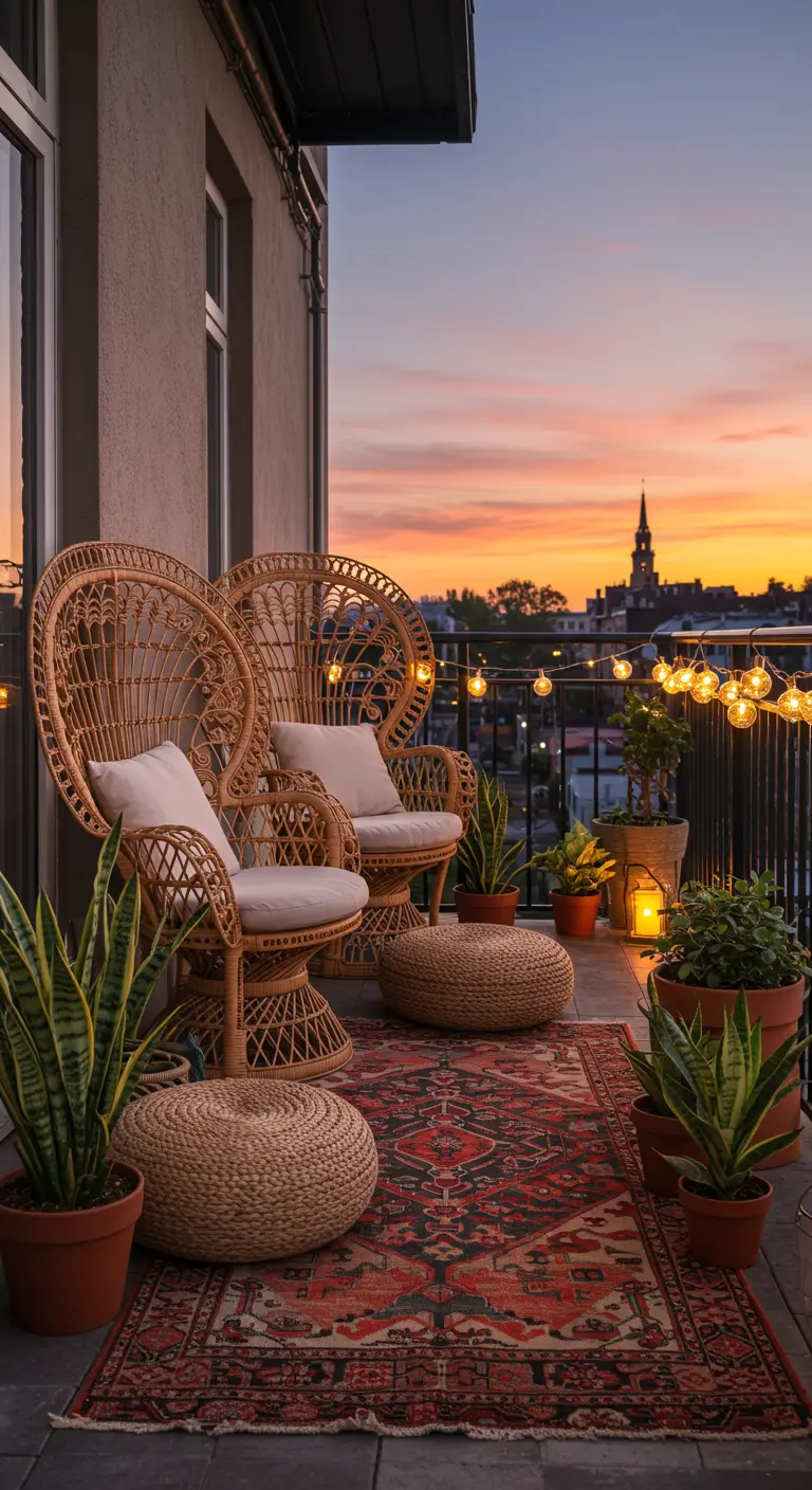 Two large peacock rattan chairs on a balcony with a Kilim rug at sunset.