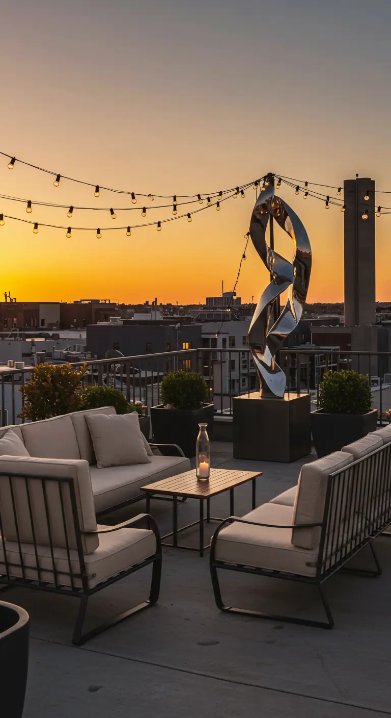A modern rooftop lounge at sunset with a large, reflective metal sculpture and string lights.
