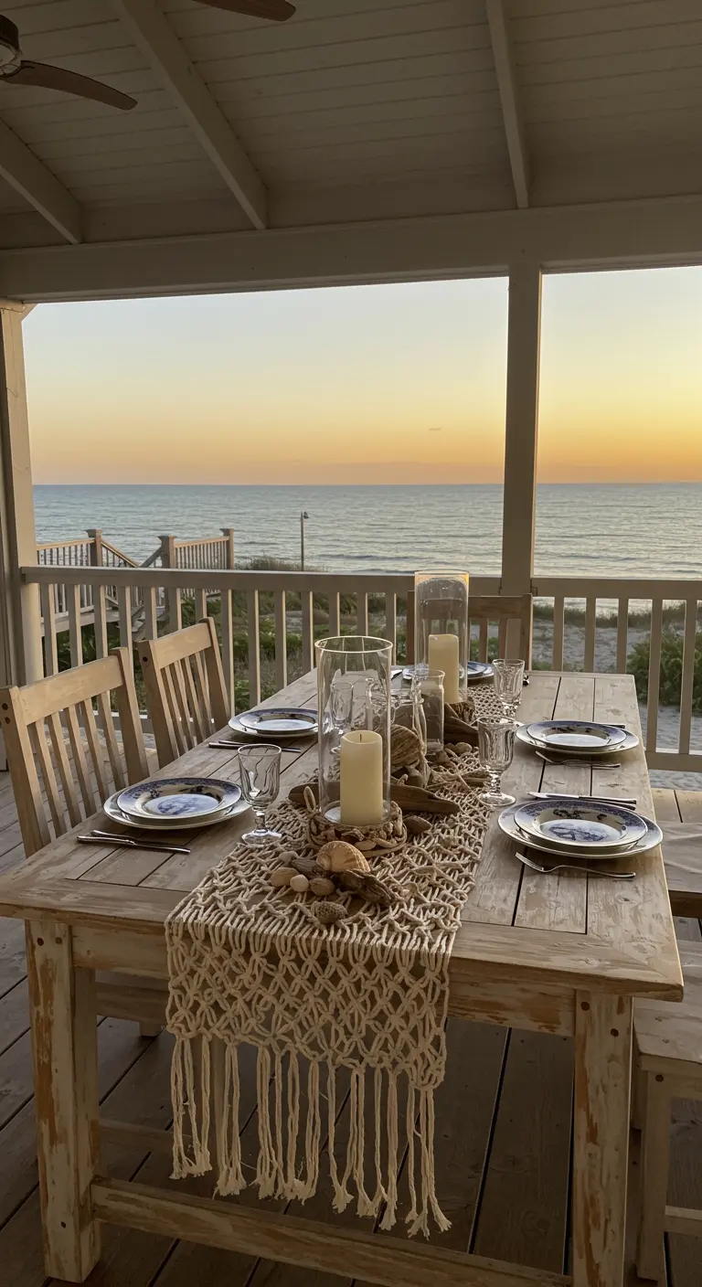 Beachfront table with a macrame runner, shells, and candles at sunset.
