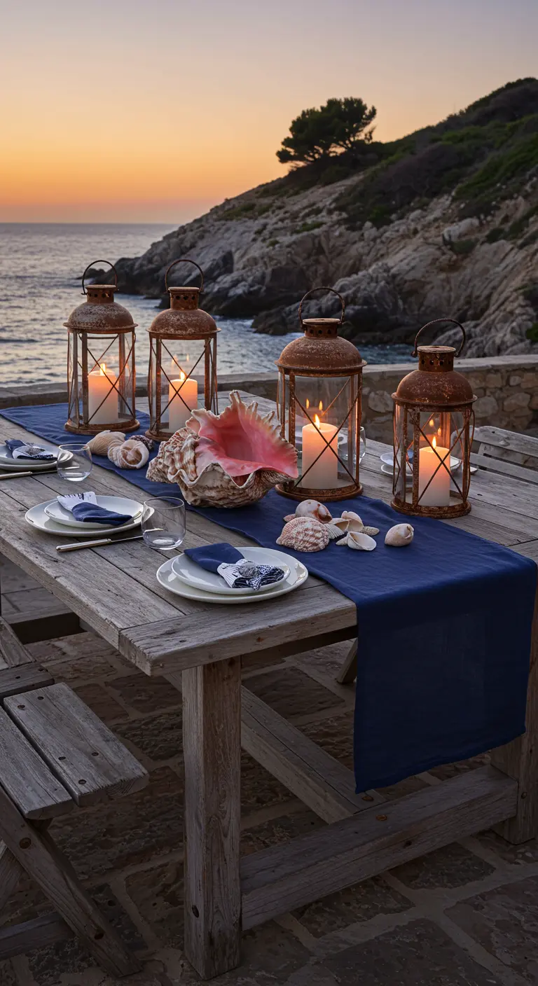 Rustic table with rusty lanterns and a large conch shell overlooking the sea at sunset.