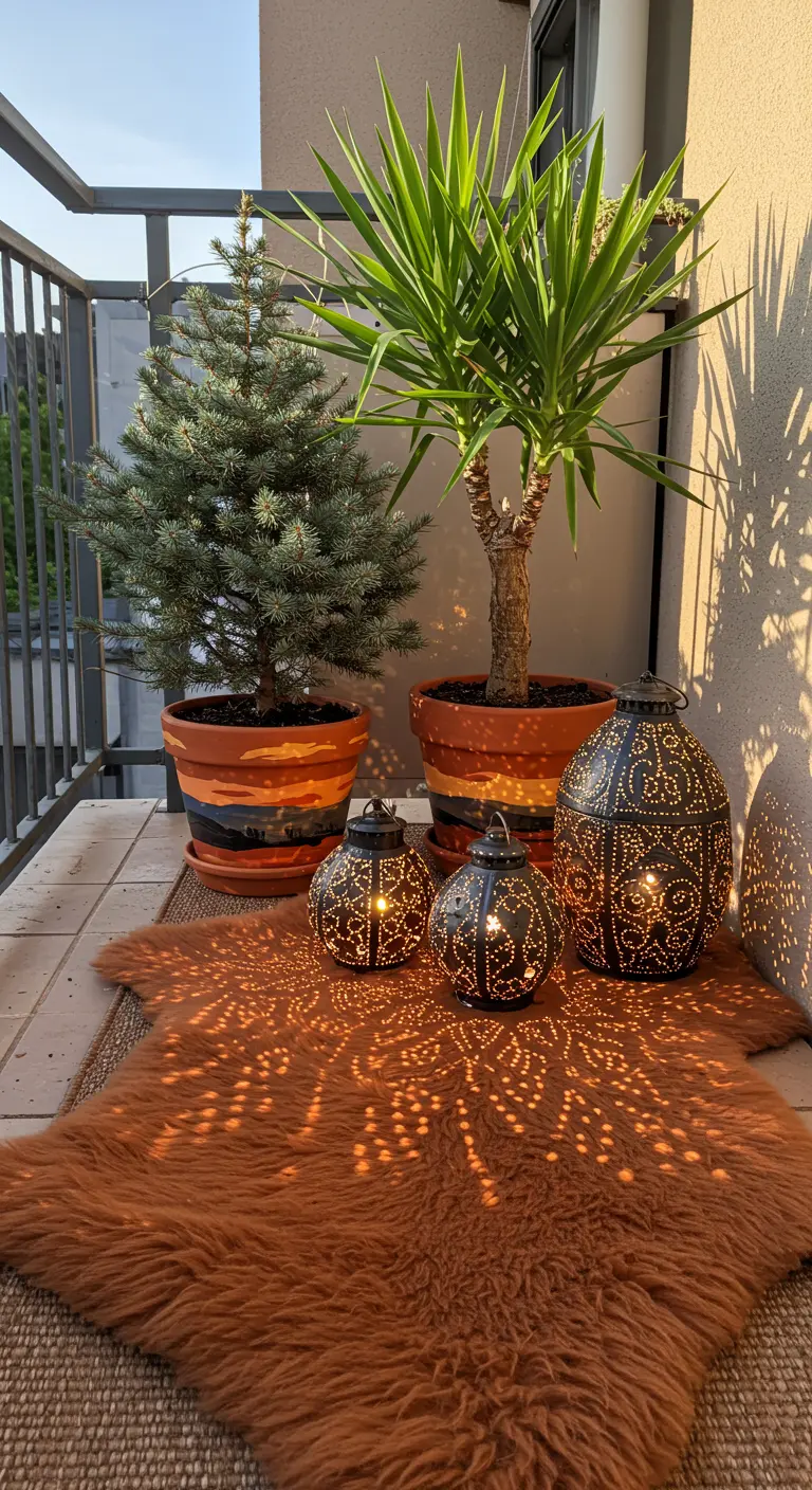 A balcony at sunset with patterned lanterns casting shadows over a brown sheepskin rug.