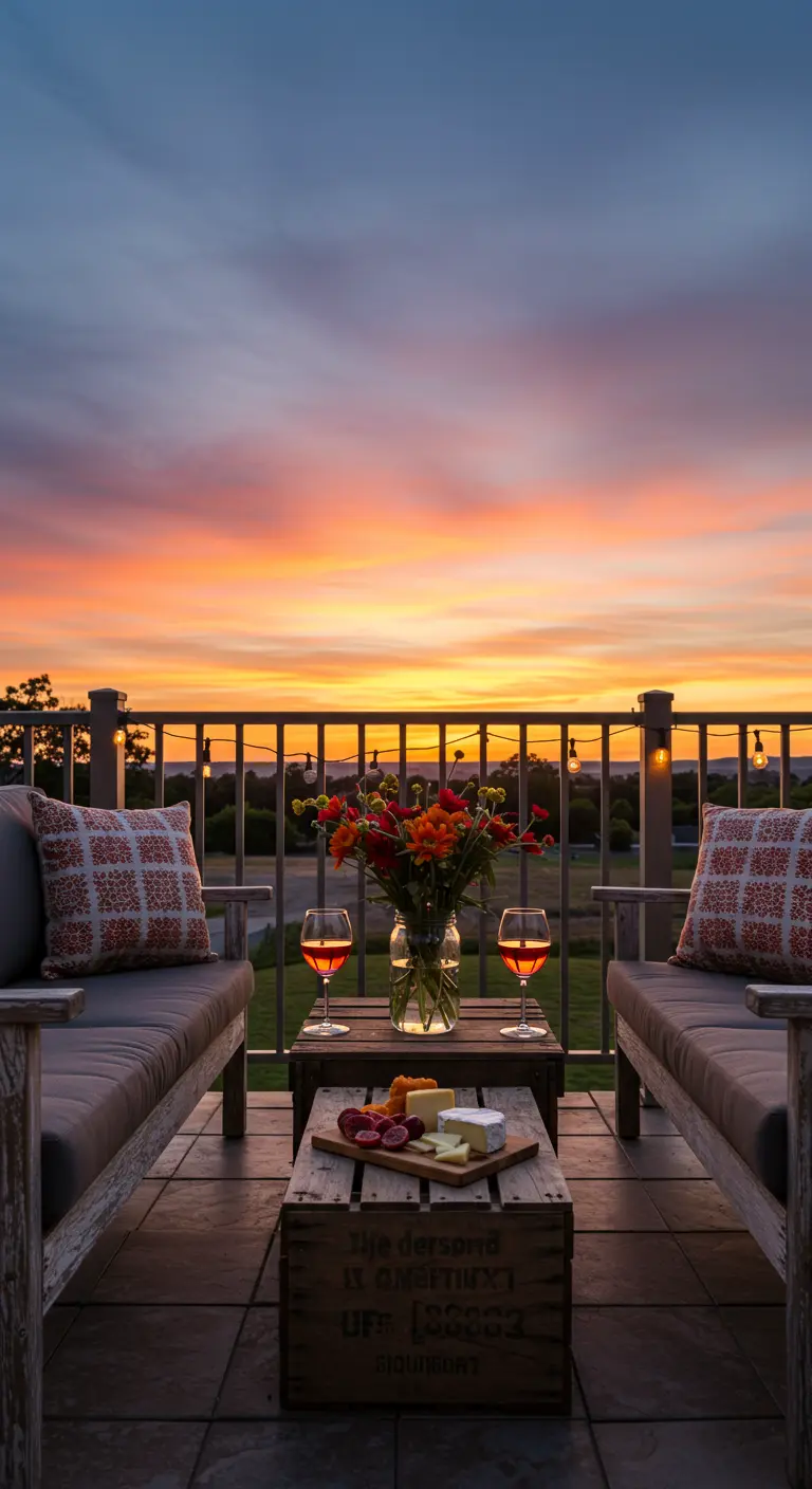 Two wooden benches facing each other on a terrace at sunset, with a crate table holding wine and cheese.