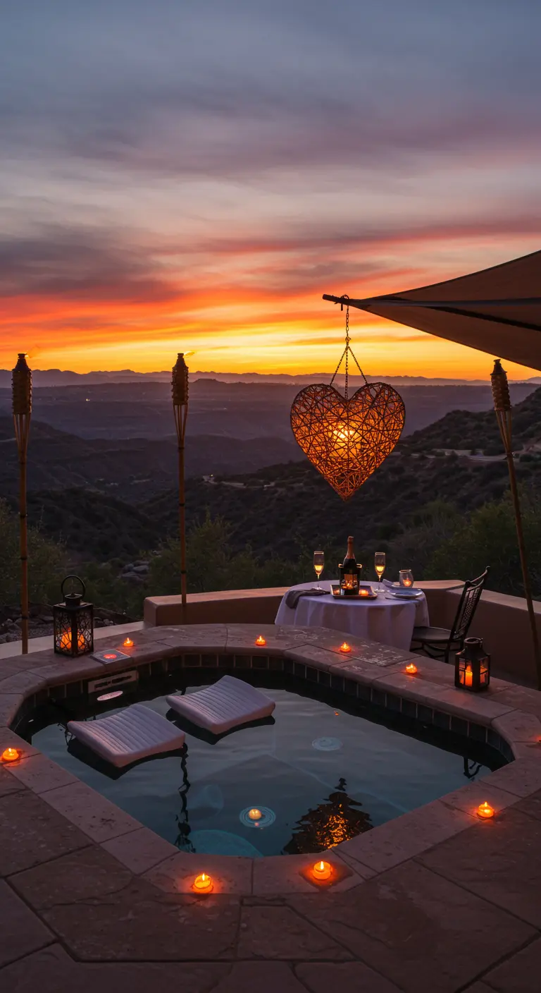 Jacuzzi at sunset with a heart-shaped rattan lantern and candles.