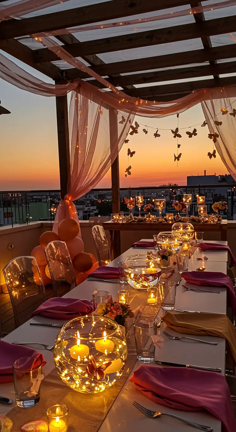 Rooftop dinner party at sunset with pink drapes, floating candles, and butterflies.