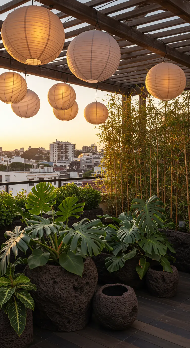 Rooftop terrace with paper lanterns hanging over large plants at sunset