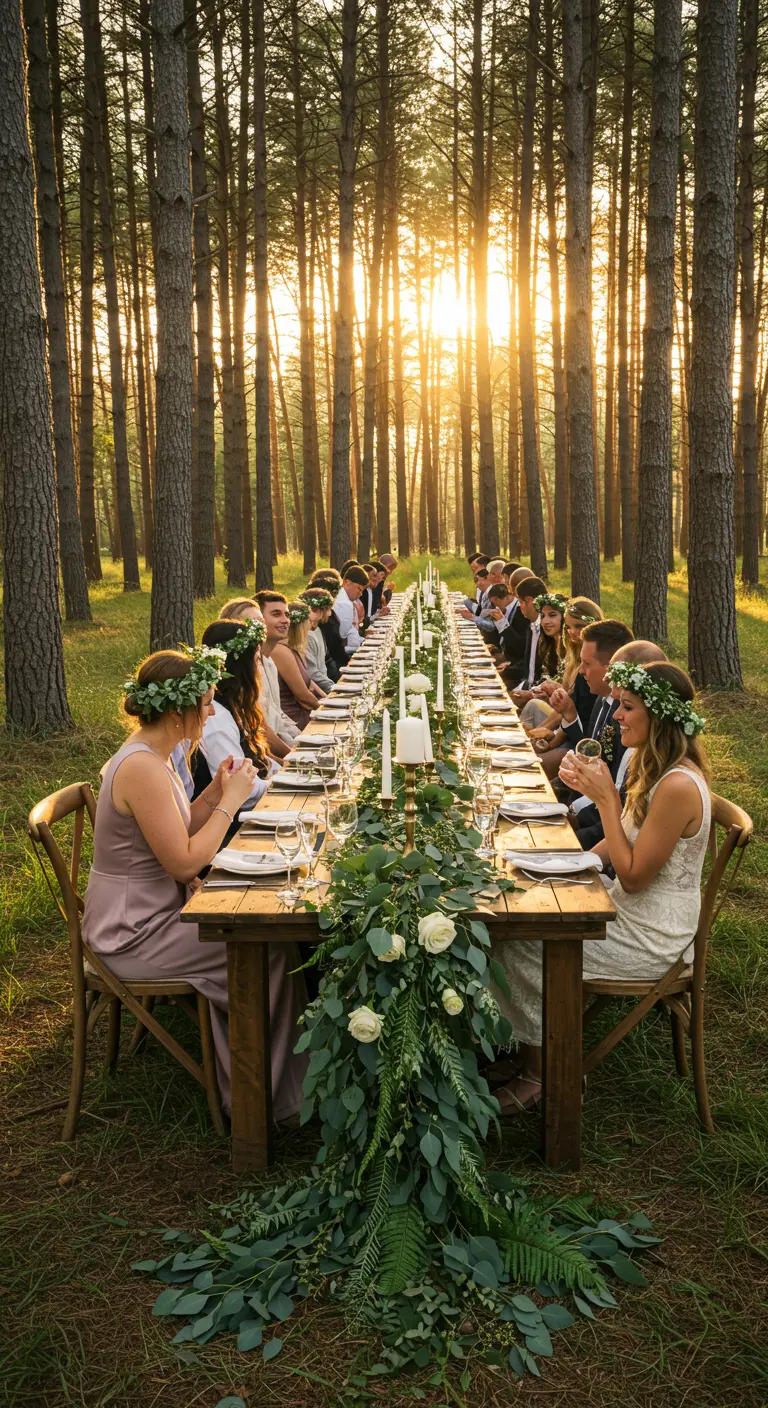 Long woodland wedding table with a cascading eucalyptus garland at sunset.