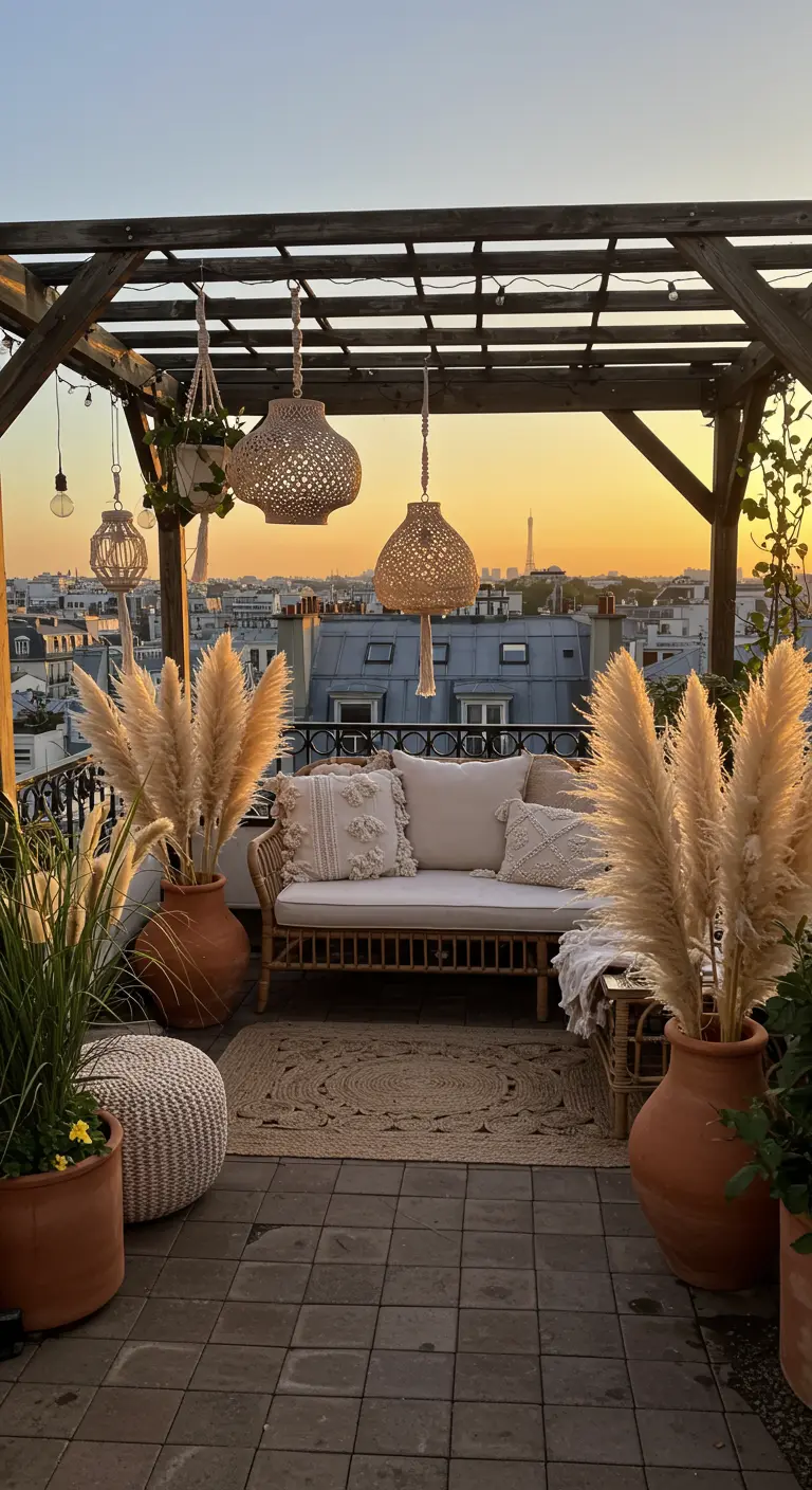 Boho-style rooftop terrace with a rattan sofa, pampas grass in terracotta pots, and woven decor.