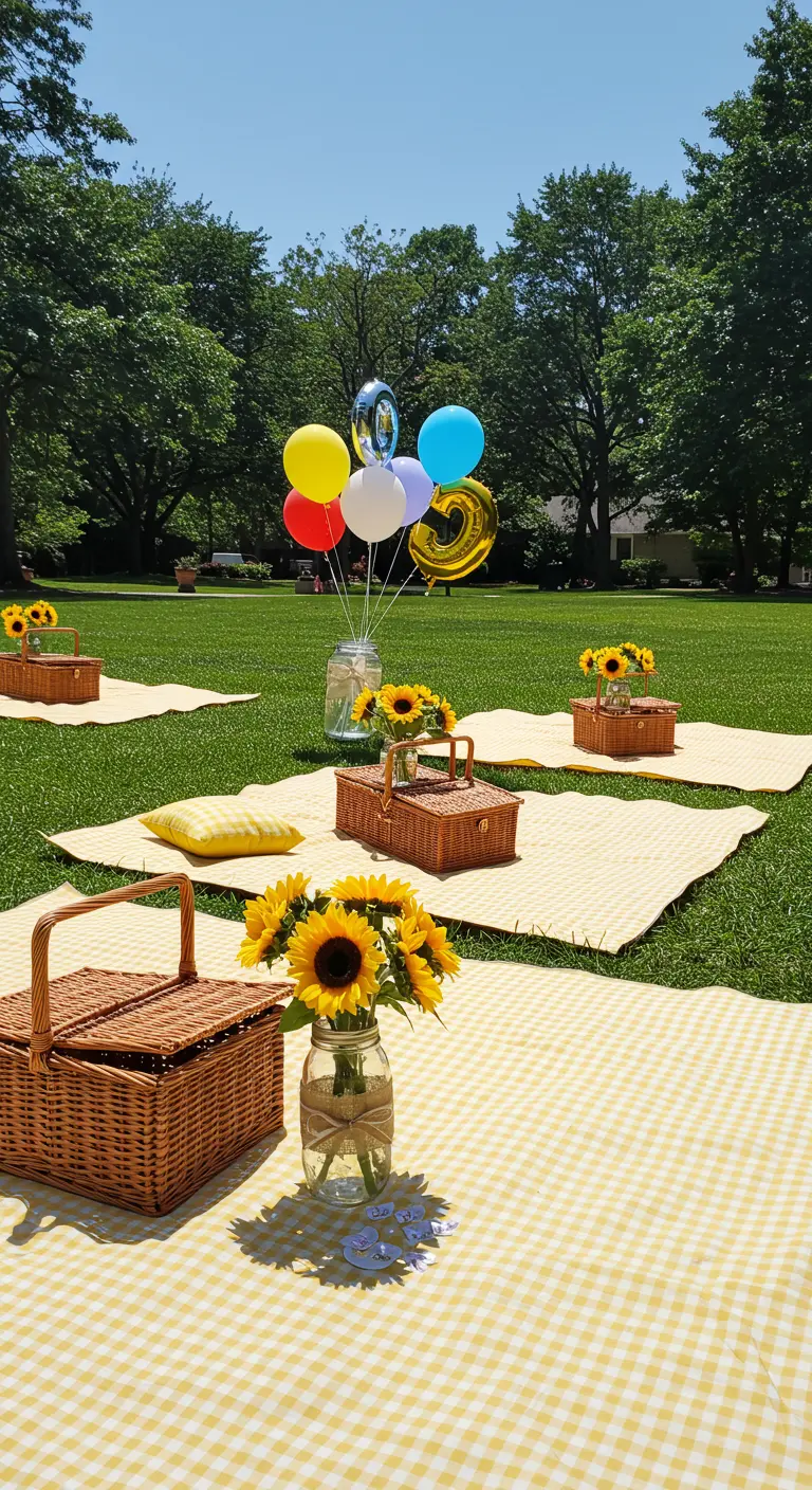 A sunny park picnic with yellow gingham blankets, picnic baskets, and sunflower bouquets.