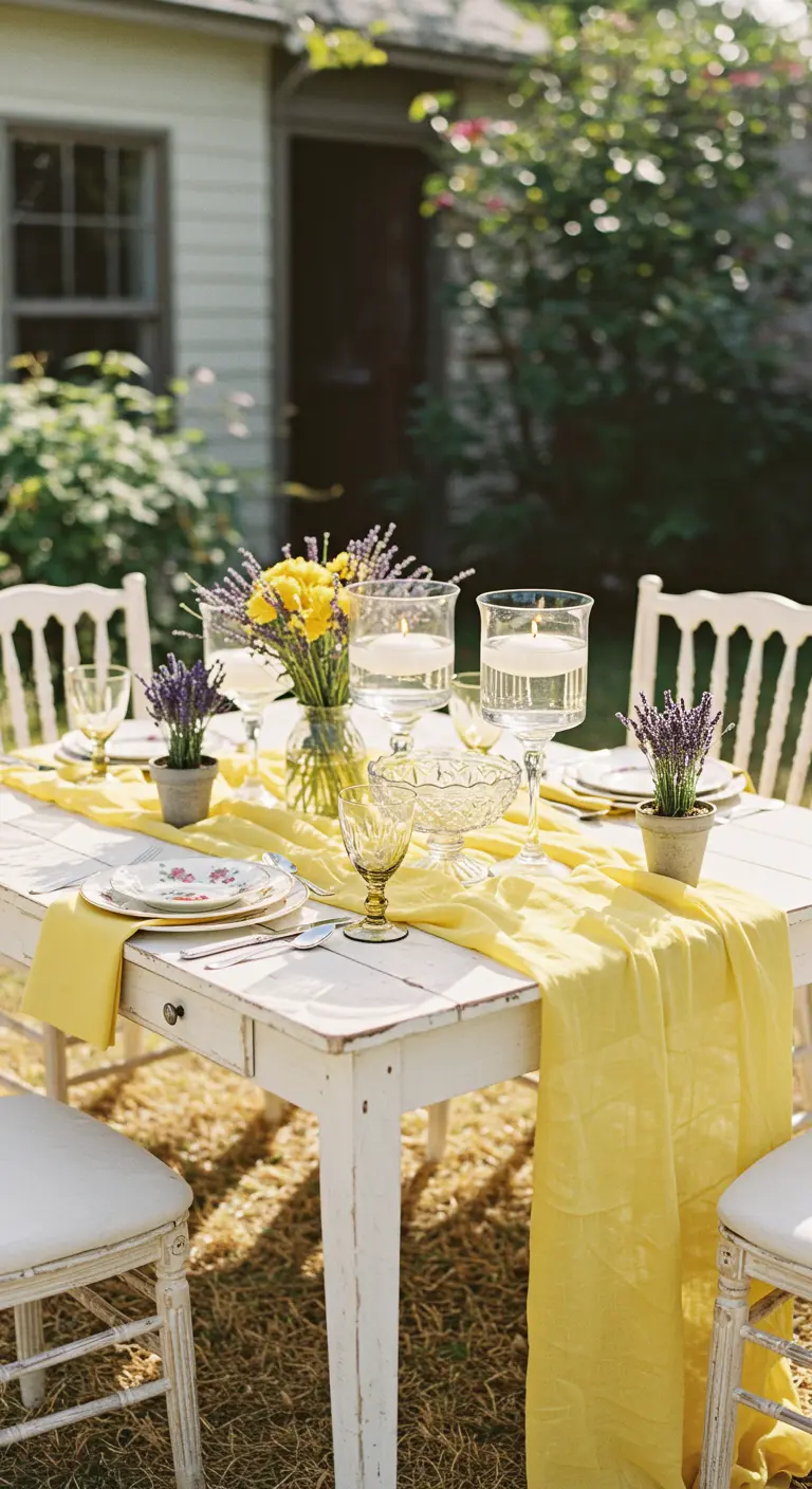 Farmhouse table with a yellow runner, yellow flowers, and potted lavender.