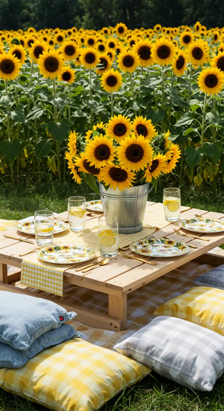 Picnic in a sunflower field with a yellow gingham tablecloth and a bucket of sunflowers.