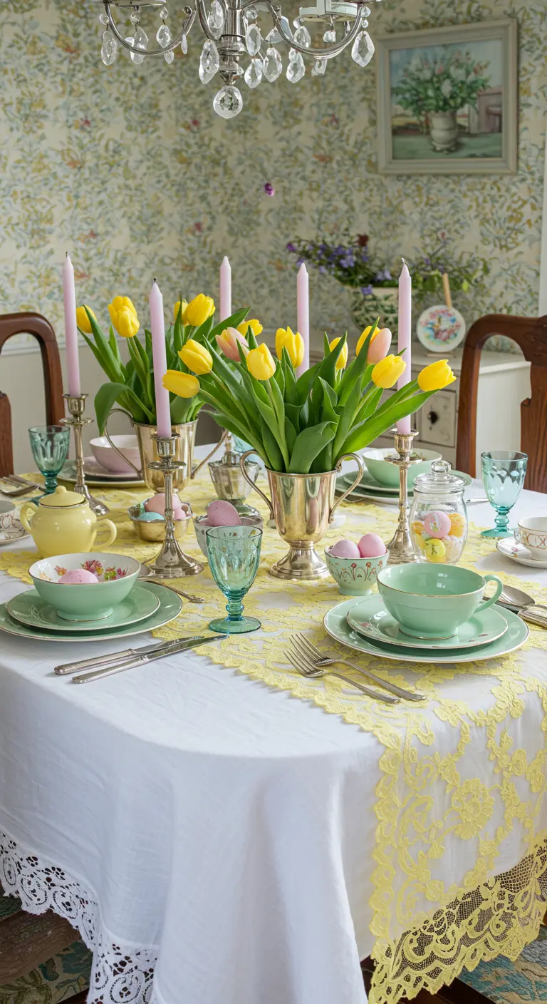 Easter table with yellow tulips, a yellow lace runner, and pastel eggs.
