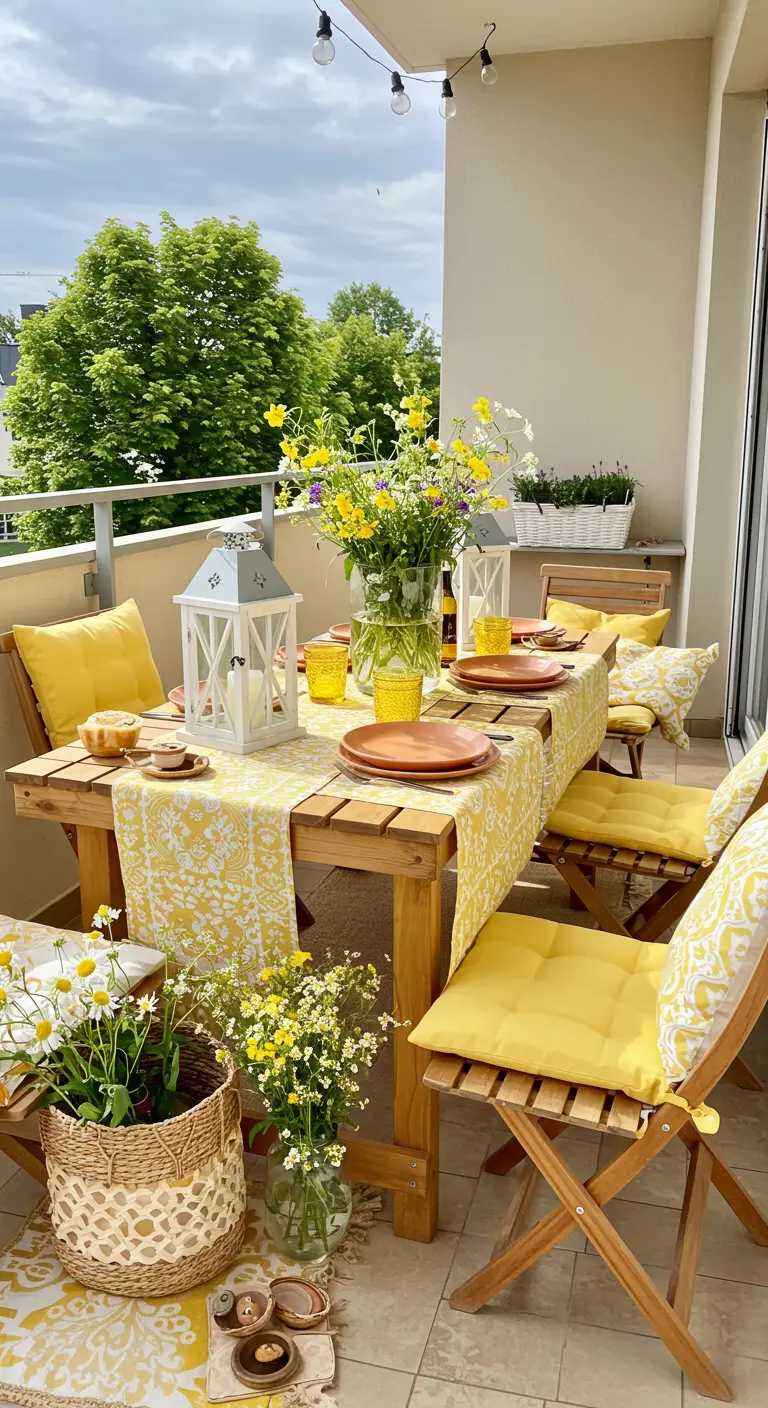 Balcony table decorated with yellow cushions, a yellow runner, and wildflowers.