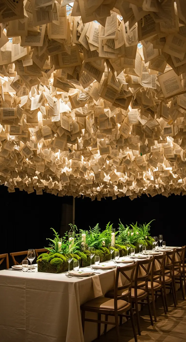 A ceiling covered in a dense canopy of hanging book pages, lit from below.