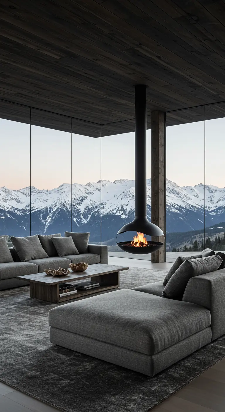 A modern living room with a suspended fireplace hanging in front of a glass wall with mountain views.