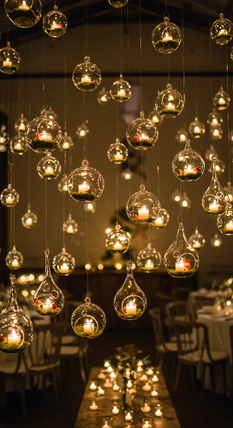 Dozens of glass orbs with candles inside hanging from the ceiling of a party.