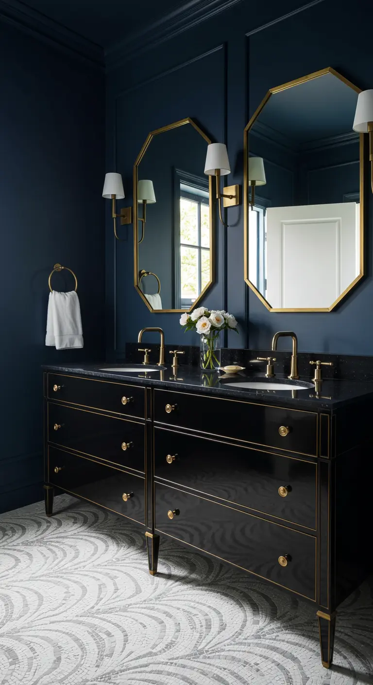 Navy blue bathroom with a black double vanity, gold hardware, and octagonal mirrors.