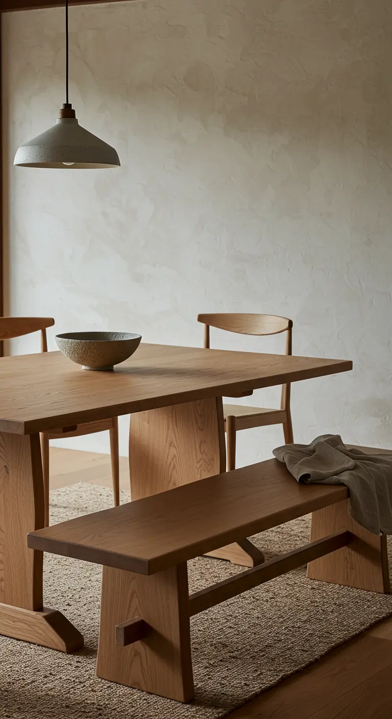Oak dining table paired with a matching wooden bench and a textured jute rug.
