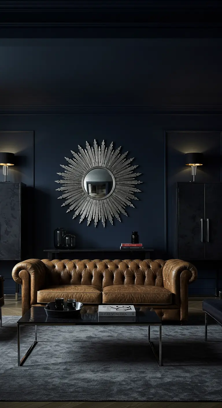 Masculine Art Deco room with navy walls, a brown leather sofa, and a silver sunburst mirror.