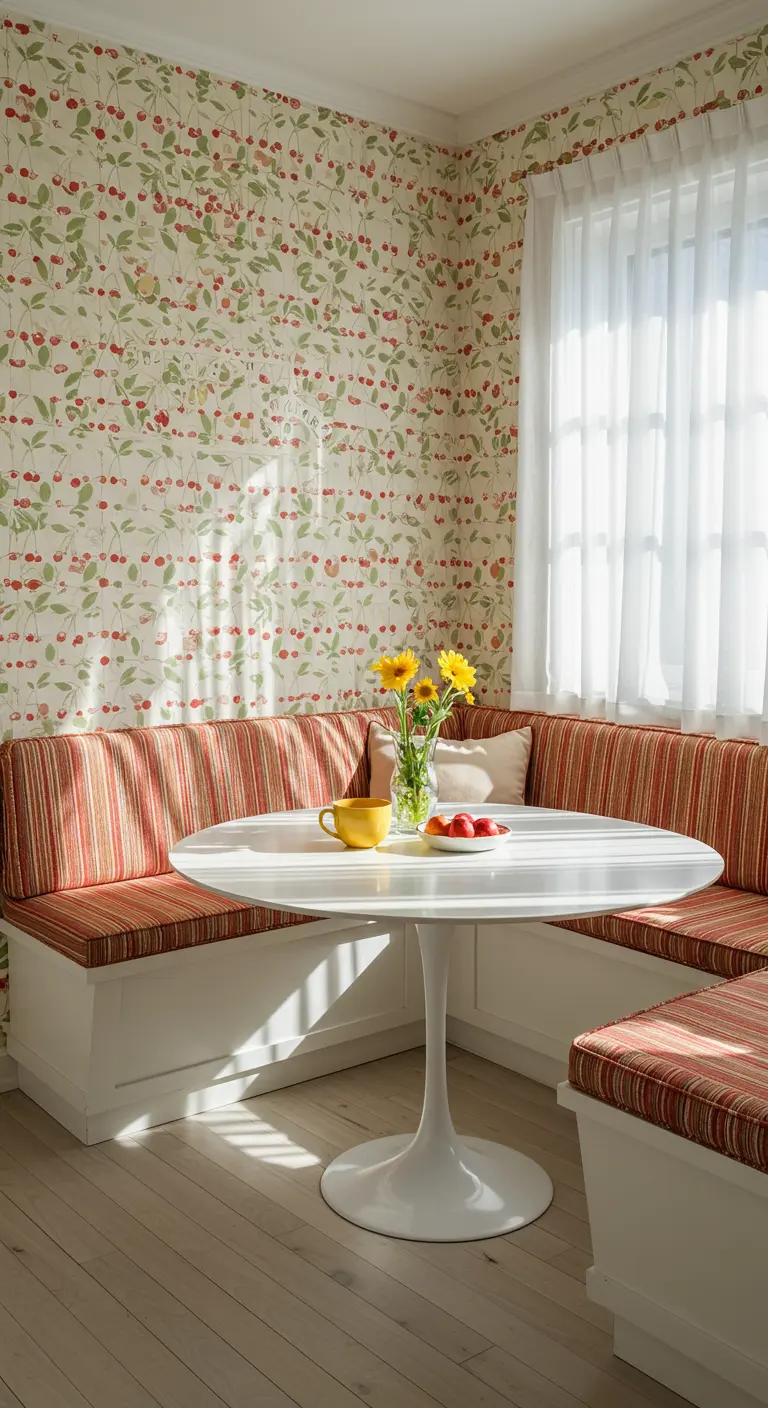 Cozy dining nook with cherry wallpaper, a striped banquette, and a white pedestal table.