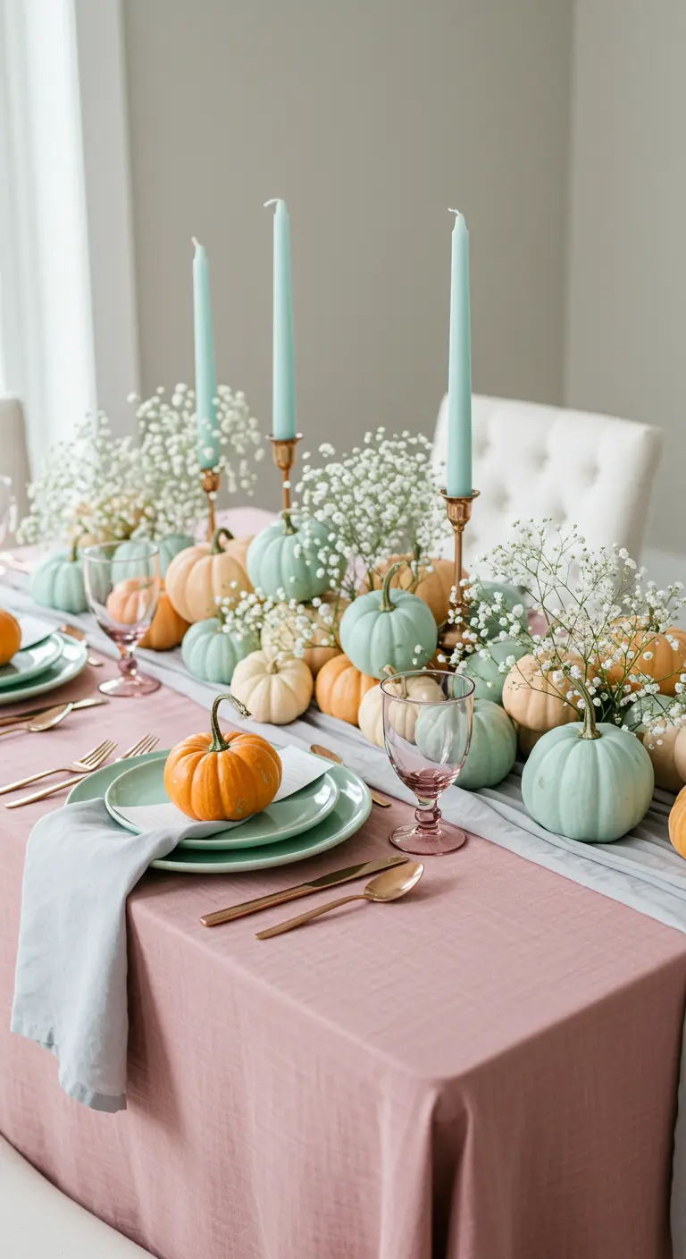 A pastel Thanksgiving table with a pink tablecloth and a centerpiece of mint green and peach pumpkins.