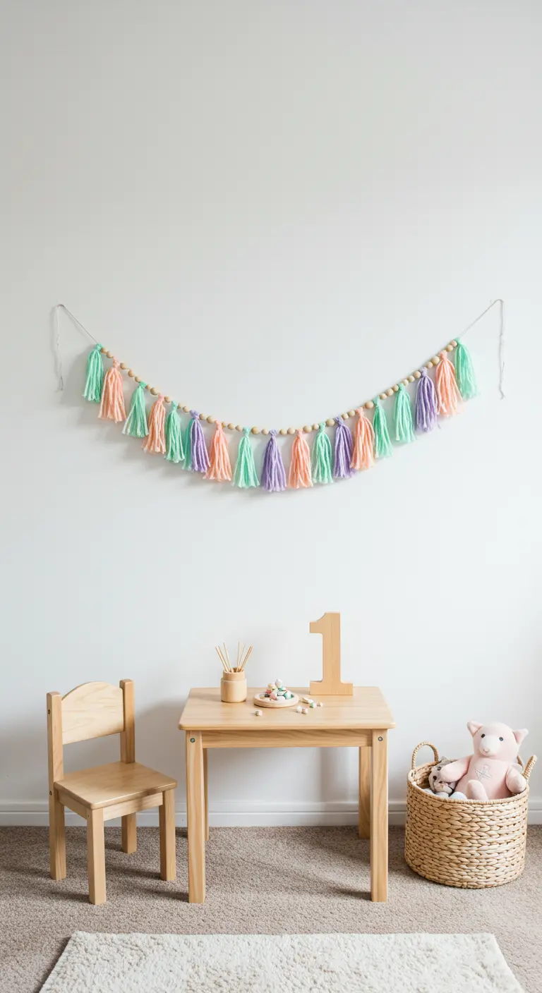 A pastel tassel and wooden bead garland hanging on a white wall above a small child's table.