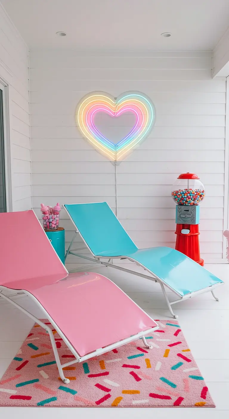 A candy-themed patio with pink and blue loungers, a gumball machine, and a rainbow neon heart.
