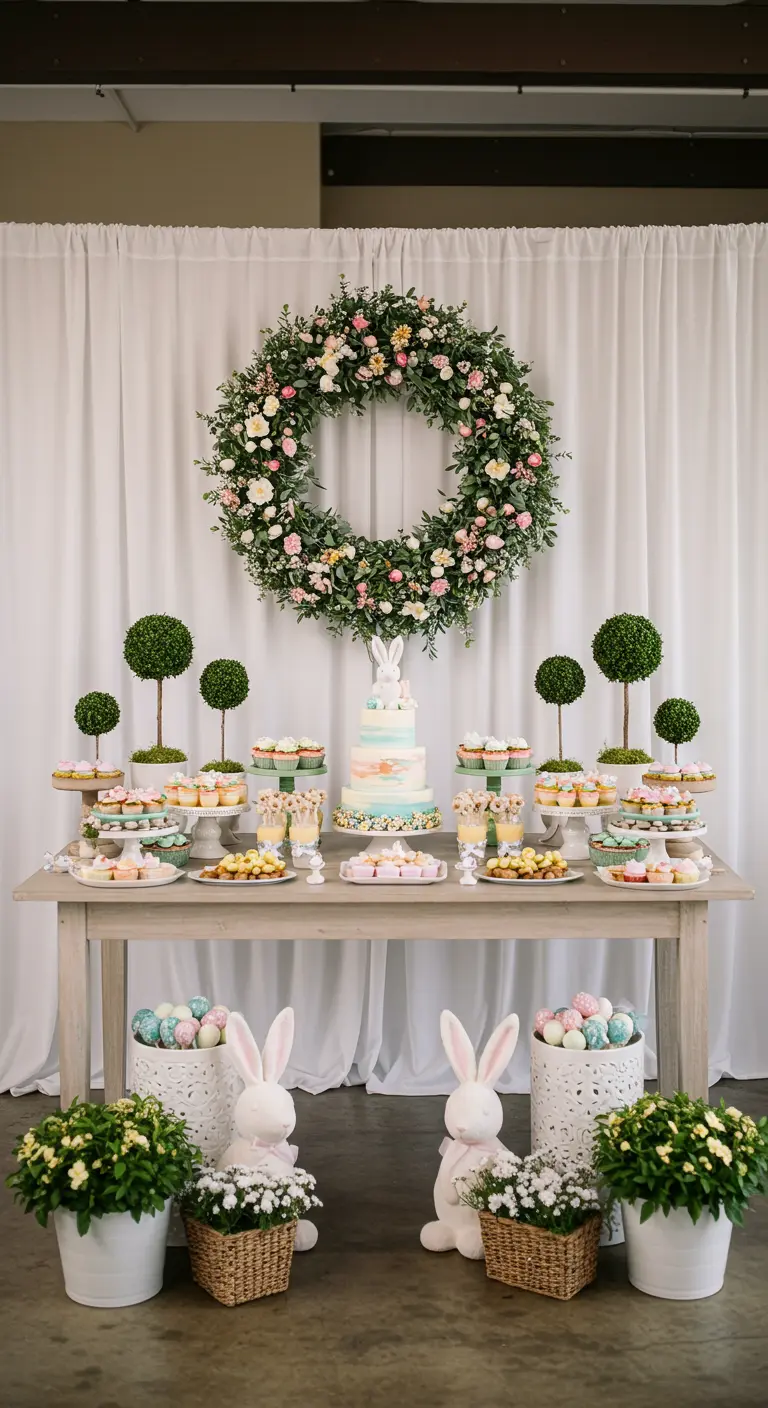 Symmetrical Easter dessert table with a large floral wreath, topiaries, and a tiered cake.