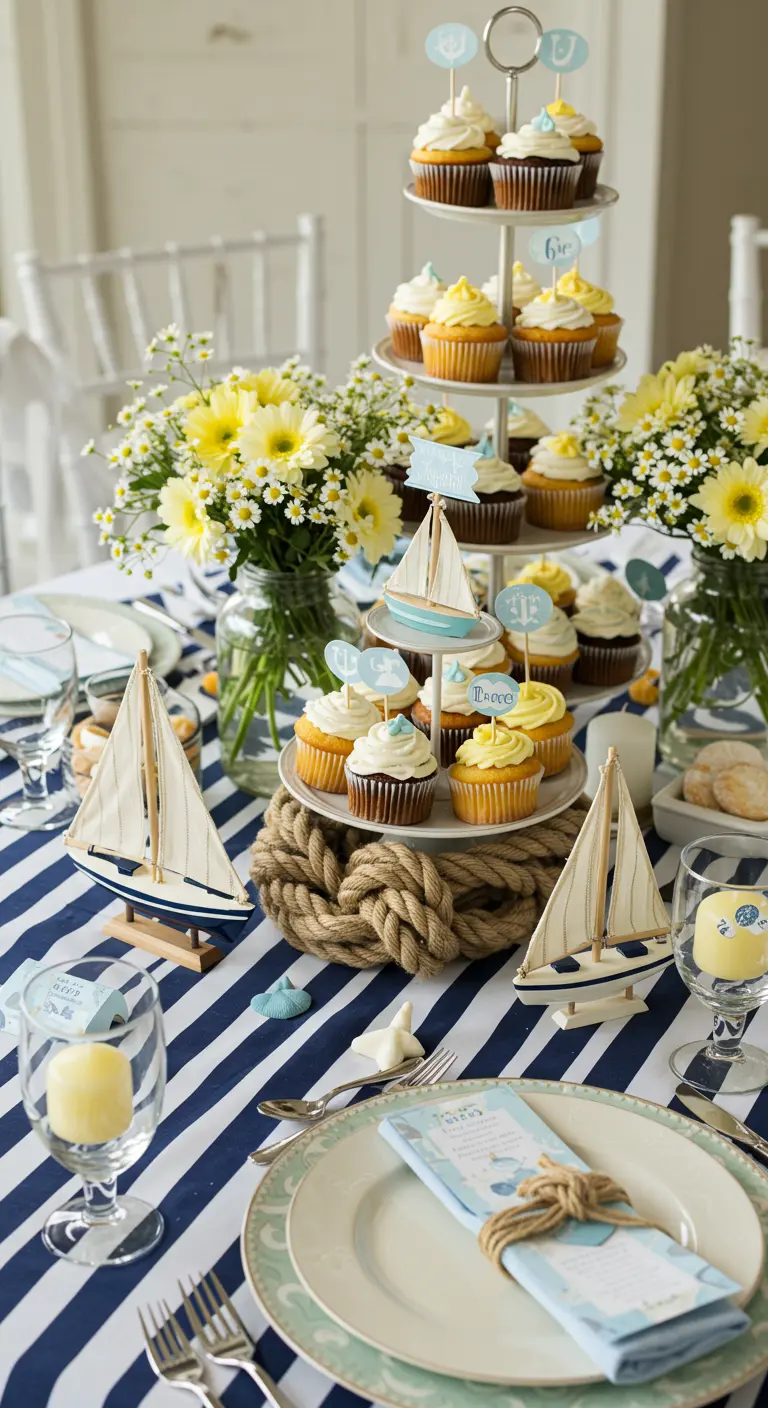 Nautical-themed dessert table with a cupcake tower wrapped in rope and yellow flowers.
