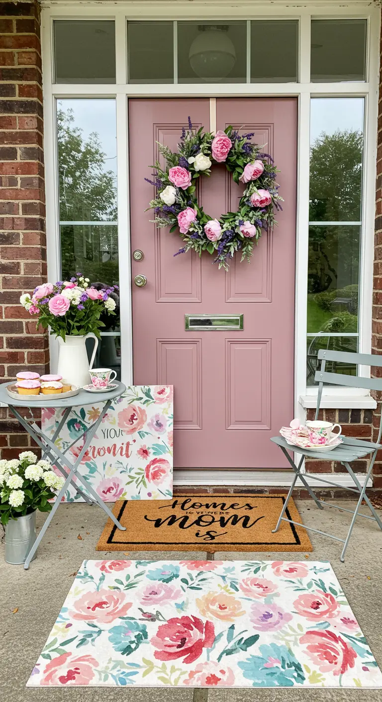 Pink door with a peony wreath and a small tea party setup for Mother's Day.