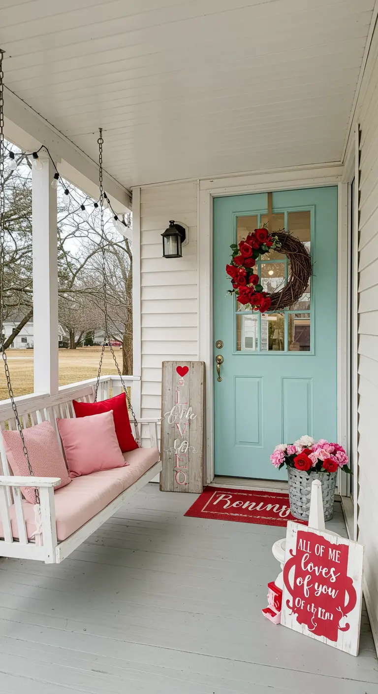 Valentine's porch with a pink-cushioned swing and red rose wreath.