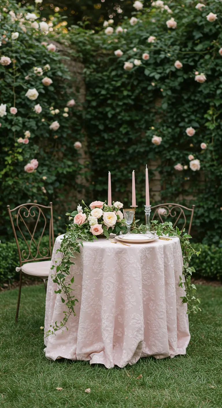 Romantic pink table for two in front of a wall of climbing roses.
