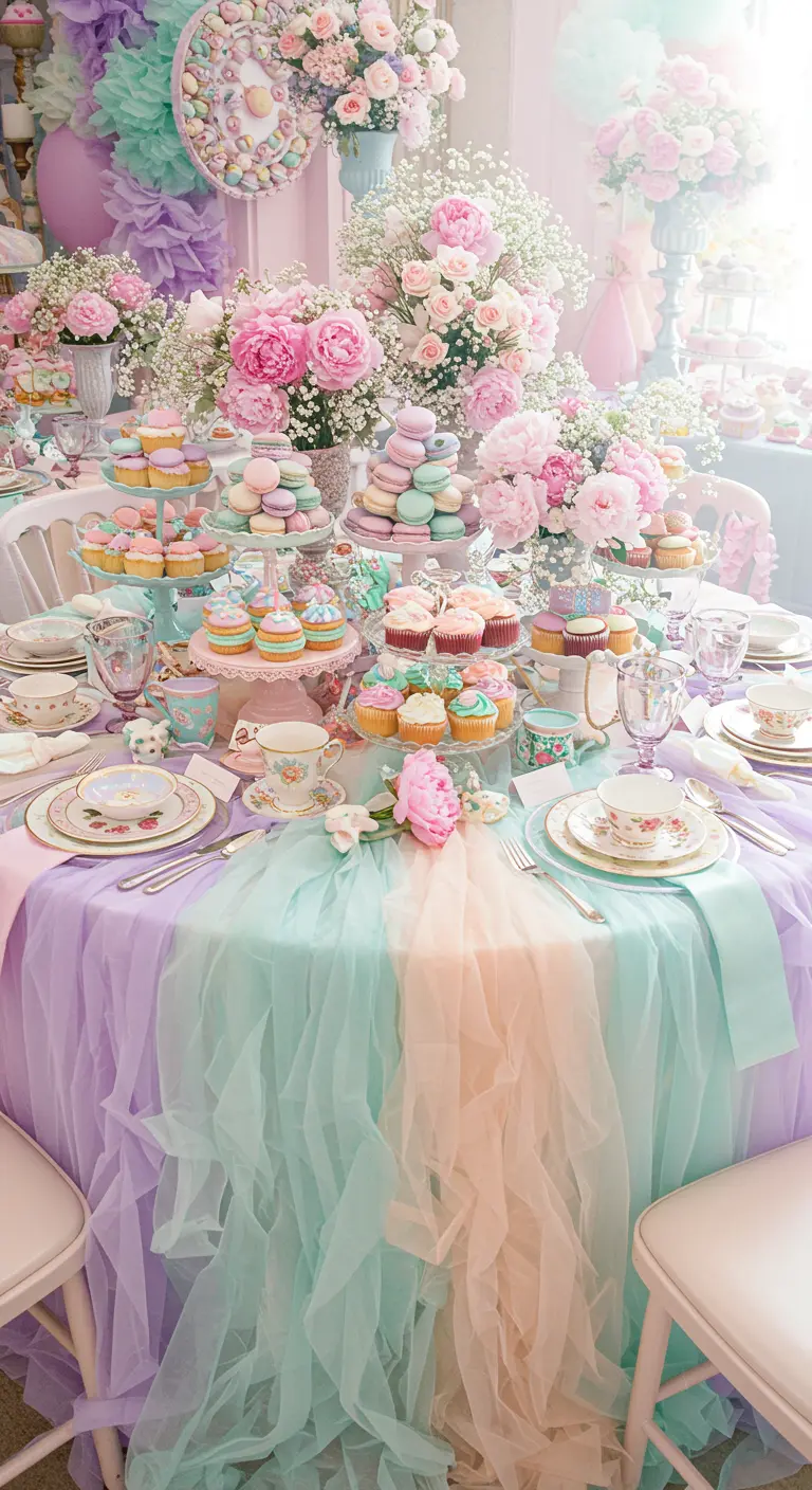 A pastel-themed party table with a flowing tulle skirt, macarons, cupcakes, and pink flowers.
