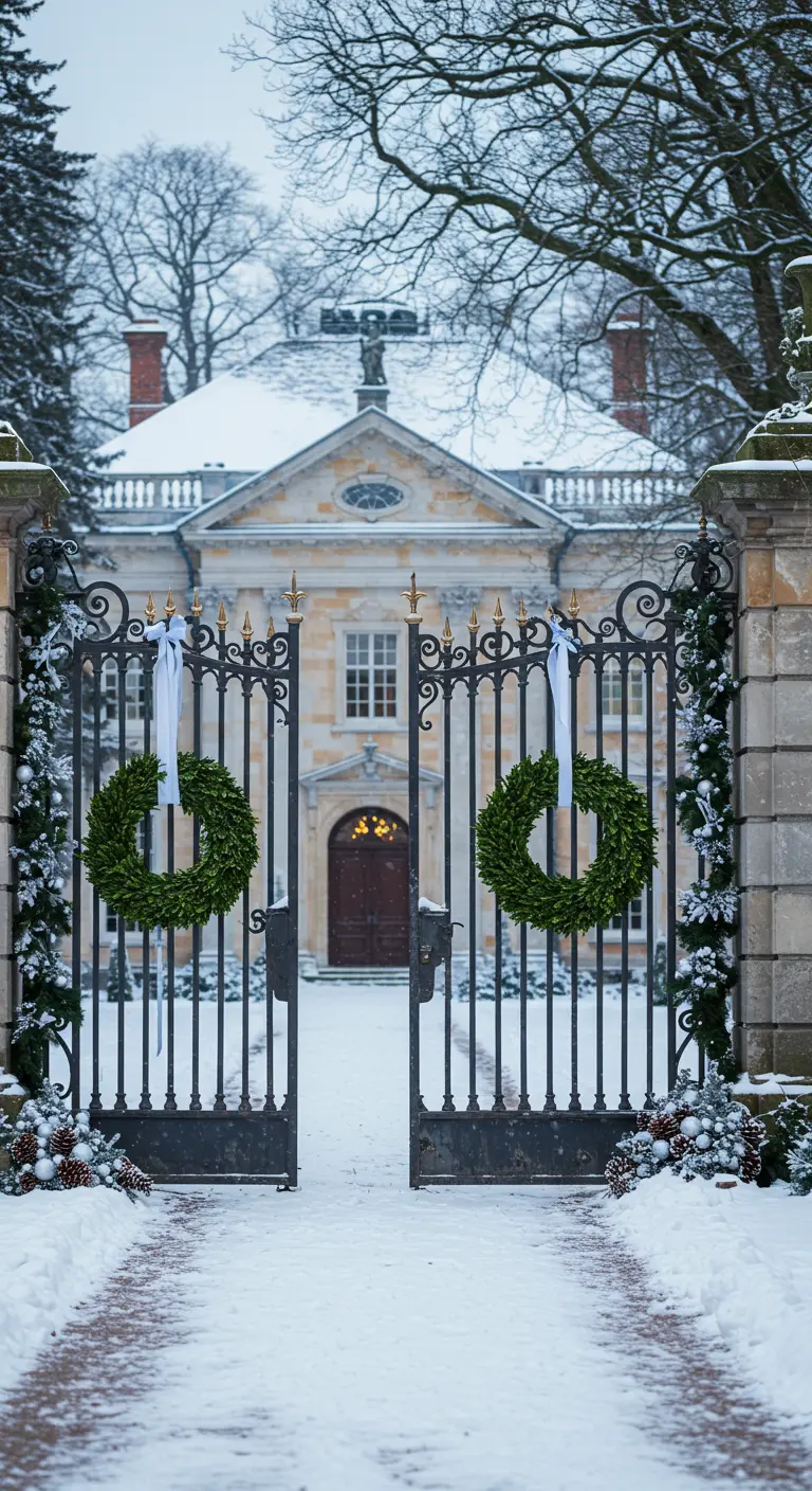 Ornate black iron gates with twin green wreaths tied with white ribbons in front of a snowy manor.