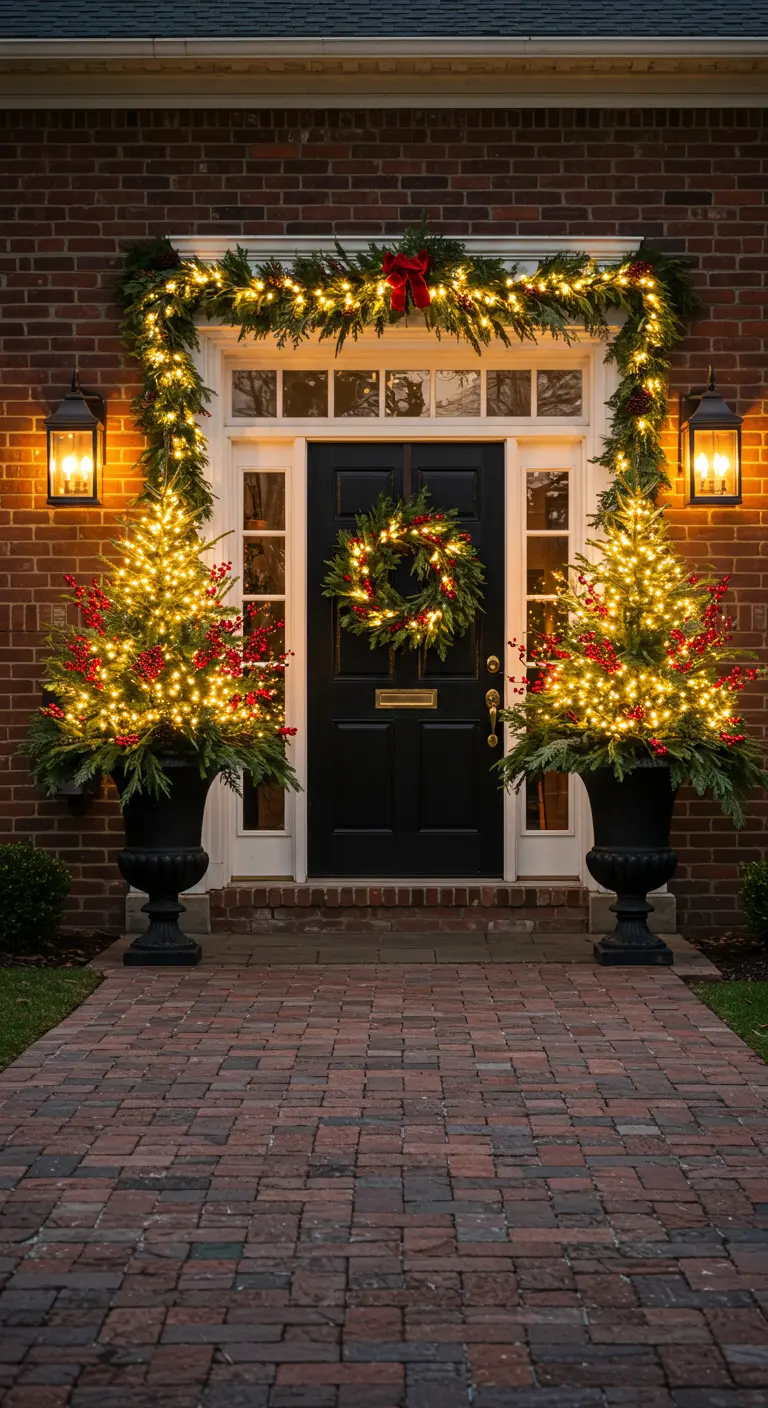 Elegant front door with two black urns filled with lit evergreens and red berries.